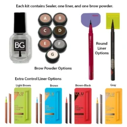 Six choices of liners, brow powders and sealer bottle.