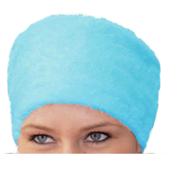 Woman wearing turquoise alopecia sleep hat.